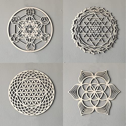 Image of Tucocoo 4pcs Sacred Geometry Wood Wall Art Set: Sri Yantra, Metatron's Cube, Seed of Life, Torus Yantra & Mandala - Unframed Wall Sculpture - Brown, Matte Finish - 12''x12''x0.2'' - Home Office Decor