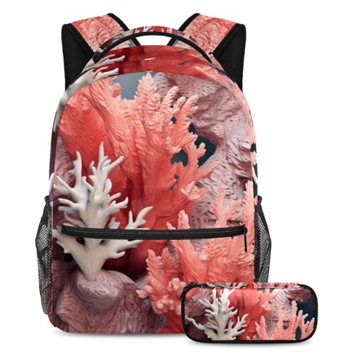 Cartable de grande capacité lot de 2 avec trousse coraux profonds pour étudiants