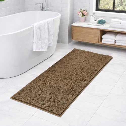 Image of LUXE HOME INTERNATIONAL Shaggy Chenille Bath Mat Extra Soft Super Absorbent Anti Skid Slip Popcorn Door Mats for Home Entrance, Bathroom, Bedroom, Kitchen, Floor Mat (60x120 cm Chocolate) Pack of 1