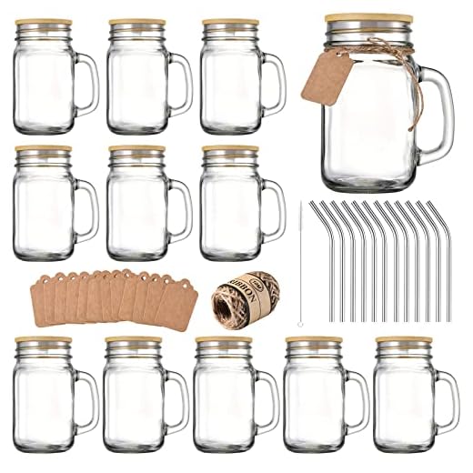 TANGLONG 16 oz Mason Jars with Handle, Mason Jar Cups, Glass Cups with Lids and Straws, Drinking Glasses Set of 12