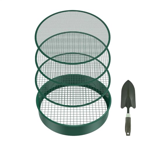 Tamiz de suelo – Tamiz de jardín de metal para compost y arena | Colador de malla de 4 filtros con pala | Ideal para uso en invernadero y tierras agrícolas - Perfecto para entusiastas de la jardinería