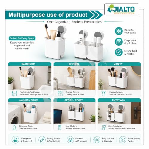 Image of JIALTO Wall Mounted Bathroom Organizer Storage Basket with Strong Adhesive, No Drill Bathroom Shelf, Multipurpose Toothbrush, Toothpaste, Soap & Cosmetic Holder, Waterproof Plastic Rack