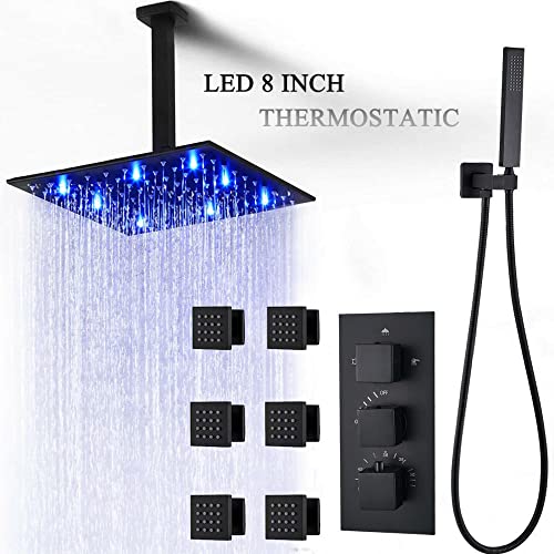 Robinet de douche thermostatique noir avec buse et LED plafond