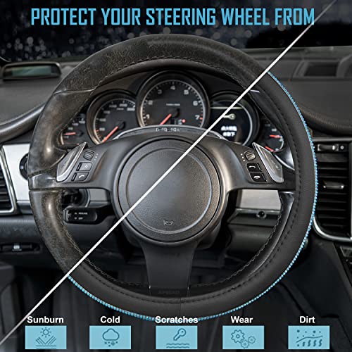 Image of CAR PASS Mint Diamond Black Leather Steering Wheel Cover, Bling Blue Crystal Rhinestones Universal Fit 14 inch1 /2-15 inch Crystal Glitter for Women Sparkle Girl Fit Suvs,Vans,Sedans,Cars,Trucks, Mint Diamond