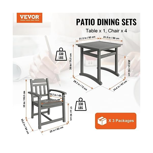 VEVOR Outdoor HIPS Patio Dining Set, 5 Pieces Patio Table and Chairs Set, All Weather Garden Square Furniture Table Sets, Patio Conversation Set, for Lawn, Deck, Backyard, Poolside, Light Gray - Image 3