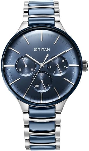 Titan Ceramic Fusion Quartz Multifunction Blue Dial Silver Dual-Toned Stainless Steel Bracelet Watch for Men-NS90148KD02