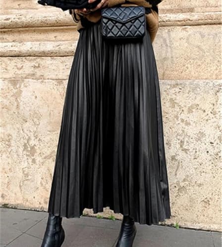 Women Faux Leather Pleated Skirt Fashion High Waist A Line Midi Skirt Casual Office Wear2