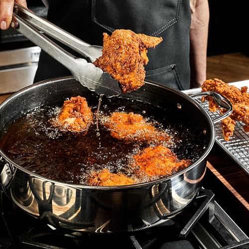 HexClad Hybrid Nonstick 7-Quart Sauté Pan with Tempered Glass Lid, Chicken Fryer, Stay-Cool Handles, Dishwasher-Friendly, Oven-Safe Up to 900°F, Induction Ready, Compatible with All Cooktops