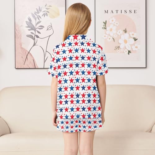 Red Blue Cartoon Star Pattern Summer Satin Pajama Set, Cute Button-Down Sleepwear Pj Set for Sleep Wears4