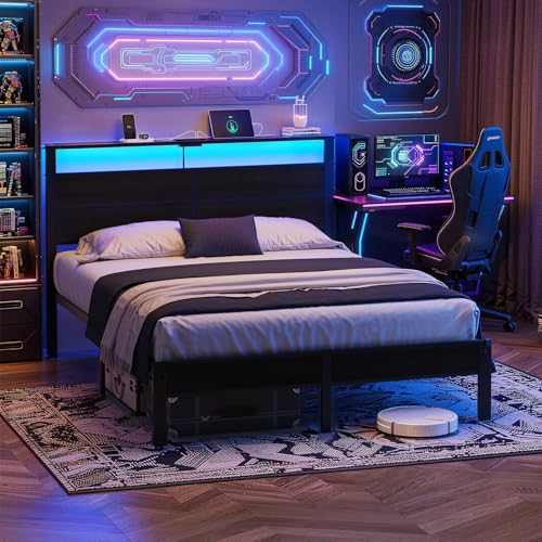 Image of Queen Size Bed Frame with LED Lights and Charging Station Headboard | Black Metal Platform Bed, Storage Shelf, USB+Type C, Noise Free, No Box Spring Needed, Easy Assembly