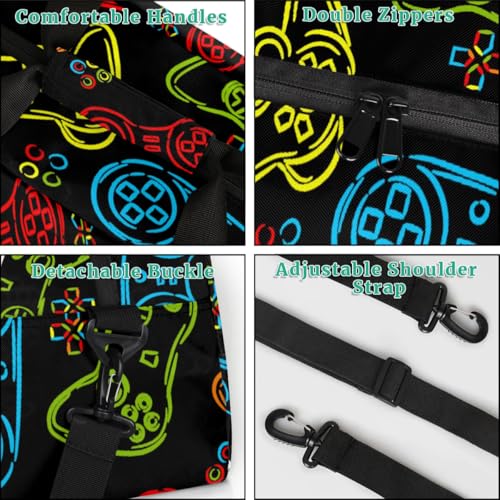 Kids Overnighter Duffel Bags for Boys Girls, Games Joystick Carry-On Size Sports Gym Bag with Front Zipper Pocket for School Practice or Overnight Travel Weekender Sleepover Tote Bag4