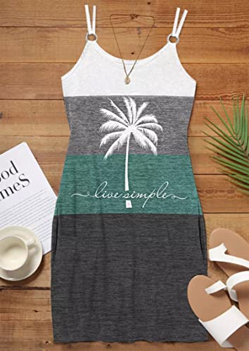 Image of Women's Live Simple Coconut Tree Color Block Mini Dress Spaghetti Strap Halter Strap Sleeveless Mini Dress with Pockets
