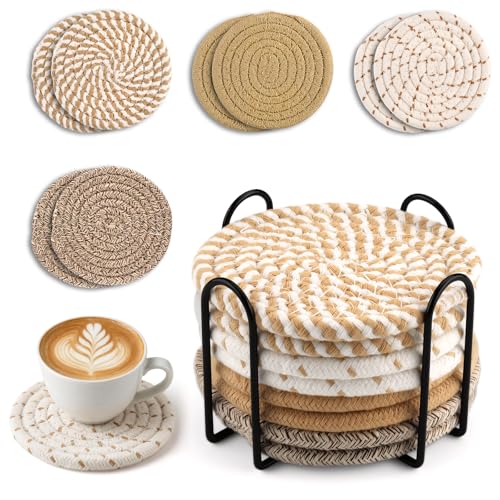 Wozzies 8 Piezas Posavasos Redondos, Posavasos Originales, Coasters for Drinks, con Soporte, Antideslizantes de Algodón Trenzado, Adecuado para Todo Tipo de Tazas