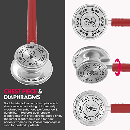 Image of ELKO EL-160 Primus III AL Aluminum Head Stethoscope For Doctors and Medical Students | Double Sided Chest Piece For Adult & Pediatric Patients | U-Shaped PVC Tubing | Soft Sealing Ear Knobs (Red)