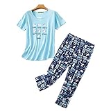 BERDITH Damen Schlafanzug Kurz Sommer Pyjama Baumwollmischung Nachtwäsche Hausanzug 3/4 Lange Capri Hose Sleepshirt Zweiteiliger Damen Nachthemd Kurzarm aus Baumwolle softweich Große Größen