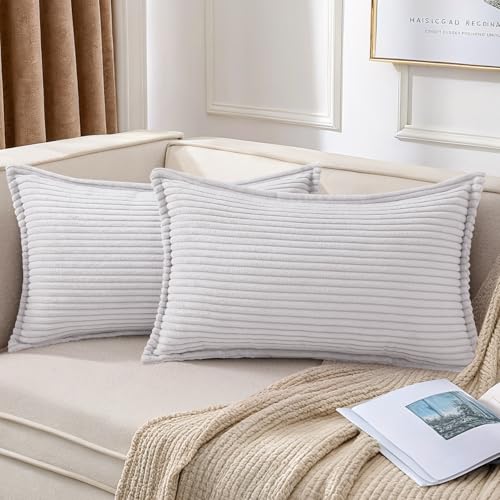 Mecatny Corduroy Throw Pillow Covers 12x20 Set of 2, Neutral Decorative Soft Boho Lumbar Couch Pillow Covers with Broadside for Sofa Living Room, Grey