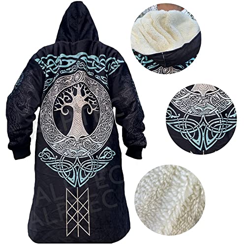 Mens Black Viking Hooded Coats Winter Thick Hooded Cloak Norse Wolf Pattern Poncho Cape 3D Print Jacket Coat4
