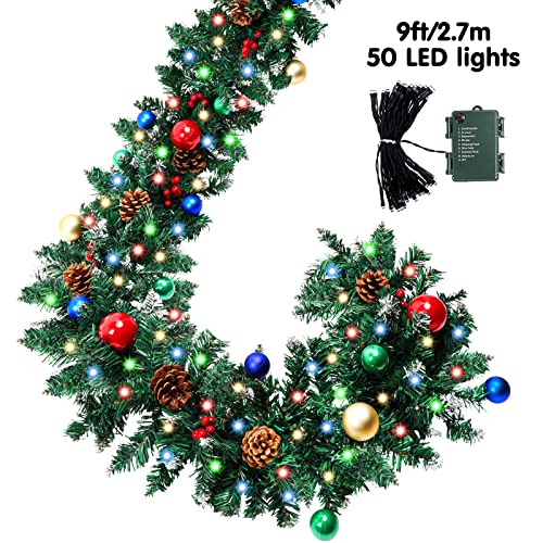 Cewor 9Ft Christmas Artificial Garland Green Rattan With Multi-Color Led Lights With Pine Cones And Red Berries For Home Stairs Fireplace Front #TOP1