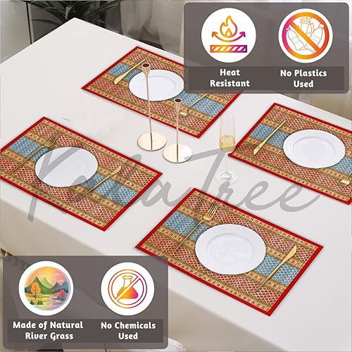 Image of Table Mats Set of 4 Handmade Reversible Heat Resistant | River Grass Dining Placemats Zero Plastic | Natural Madurkathi Eco Friendly | Rustic Boho Dcor | Cherry Red Four Mats
