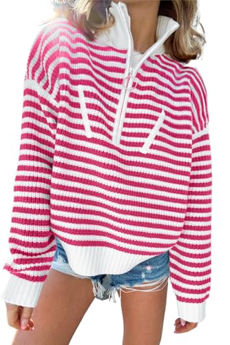 Women's Pink Stripe Zip-Up Collar Drop Shoulder Sweater - Casual and Stylish