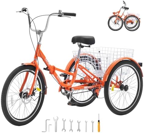 VEVOR Folding Adult Tricycle, 24-Inch Adult Folding Trikes, Lightweight Aluminum Alloy 3 Wheel Cruiser Bike with Large Rear Basket, Shopping Picnic Foldable Tricycles for Adults, Women, Men, Seniors