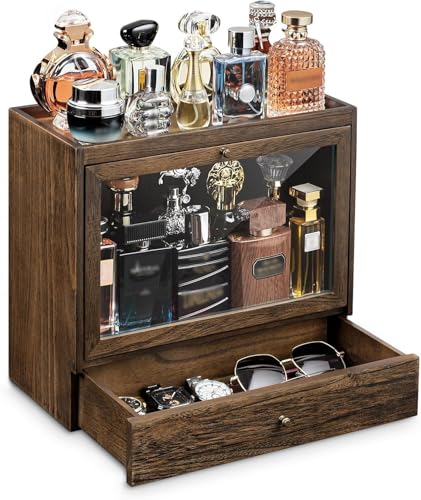 HoldOneLight - HoldOneLight Men's Cologne Storage Rack, Solid Wood Male Vanity Perfume Organizer, Spacious Dust - Proof Cologne Stand with Drawer, Perfect Present for Loved Ones (brown) - -4%