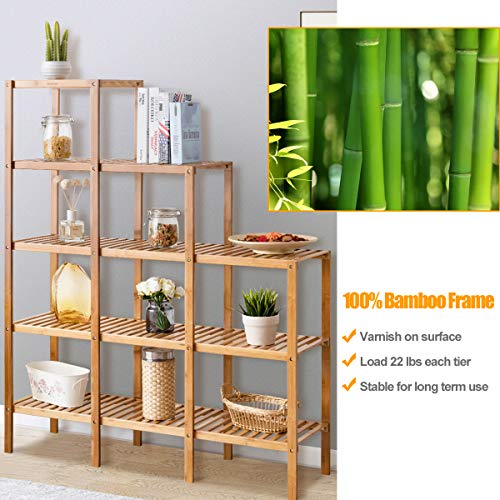 COSTWAY Bamboo Shelf Bathroom, Multifunctional 5-Tier Bamboo Plant Stand, Storage Organizer Rack, Plant Display Stand with Several Storage Cabinet