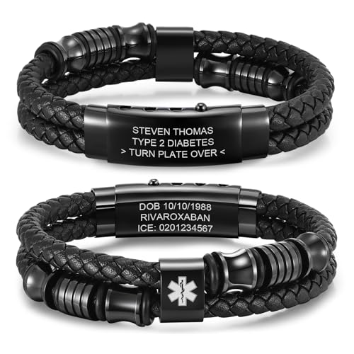 Personalised Medical Alert Bracelet for Men - Customised Leather Medical ID Bracelet Engraved Medic Info, Adjustable Emergency Identification Medic Alert Bracelets for Diabetic Allergy Epilepsy Personalised Medical Alert Bracelet for Men - Customised Leather Medical ID Bracelet Engraved Medic Info, Adjustable Emergency Identification Medic Alert Bracelets for Diabetic Allergy Epilepsy