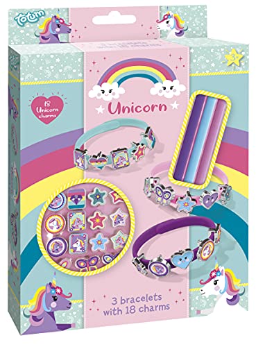 Totum Unicorn Charm-Armbänder Bastel-Set: Gestalte 3-farbige Armbänder mit 18 süßen Einhorn-Charms für Kinder ab 3 Jahren