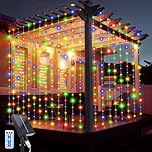 JIMACRO Solar Curtain String Lights, 3Mx3M Waterproof Curtain Lights 10 Pcs Hanging Fairy String Lights 8 Modes 300 LED Waterfall Garden Lights with Remote for Christmas Party Holiday Decorations