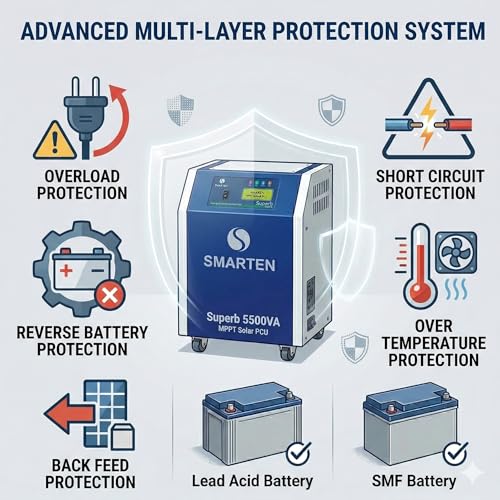 Image of Smarten Superb 5500VA 48V Solar Inverter with 70A MPPT Solar PCU | 5KVA Hybrid Solar Inverter | Supports 5500W Solar Panels | Pure Sine Wave Off-Grid | 4 Battery System | Heavy Load | 3 Year Warranty