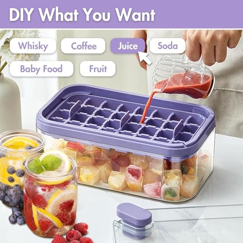Image of Homecloud 2-Layer Ice Cube Tray with Lid & Bin - BPA-Free Square Ice Cube Molds with Scoop, Easy One-Tap Release, Space-Saving Ice Storage Container, Makes 64 Cubes (Purple)