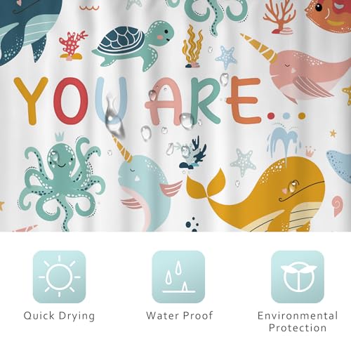 Riyidecor Ocean Kids Shower Curtain 60Wx72H Inch Funny Whale Cartoon Fish Animal Dolphin Underwater Marine Inspirational Quotes Nursery Bathroom Decor Fabric Polyester Waterproof 12 Pack Hooks - Image 5