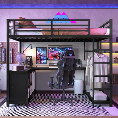 Image of Bellemave Full Size loft Bed with L Desk, Wardrobe, Metal Full Loft Bed Frame for Adults, Kids, Teens, Black