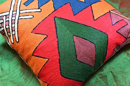 Kashmir Designs Geometric Throw Pillow Cover | Teal Butterfly Kilim Pillows | Southwestern Pillows | Tribal Aztec Pillows | Suzani Chair Cushion | Southwestern Decor | Hand Embroidered Wool Size 18X18 #TOP2