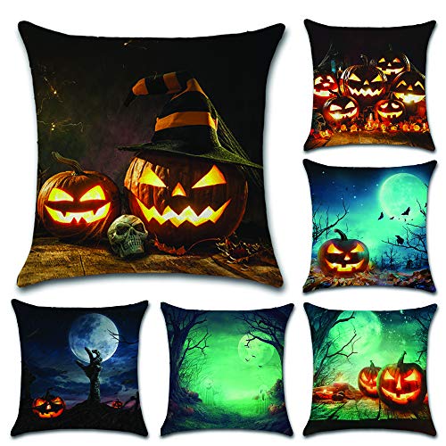 HuifengS Happy Halloween Fundas de cojín de algodón Fundas de Almohada de Lino Pumpkin Theme Sofa Decoración de casa Throw Pillow Case 6 Piezas, 45 x 45 CM
