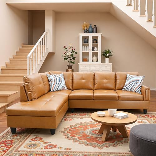 Image of L-Shaped Sectional Sofa, Modern 4-Seat Couch with Left Facing Chaise, Leather Sectional Couch for Living Room, Apartment, Office, Ginger