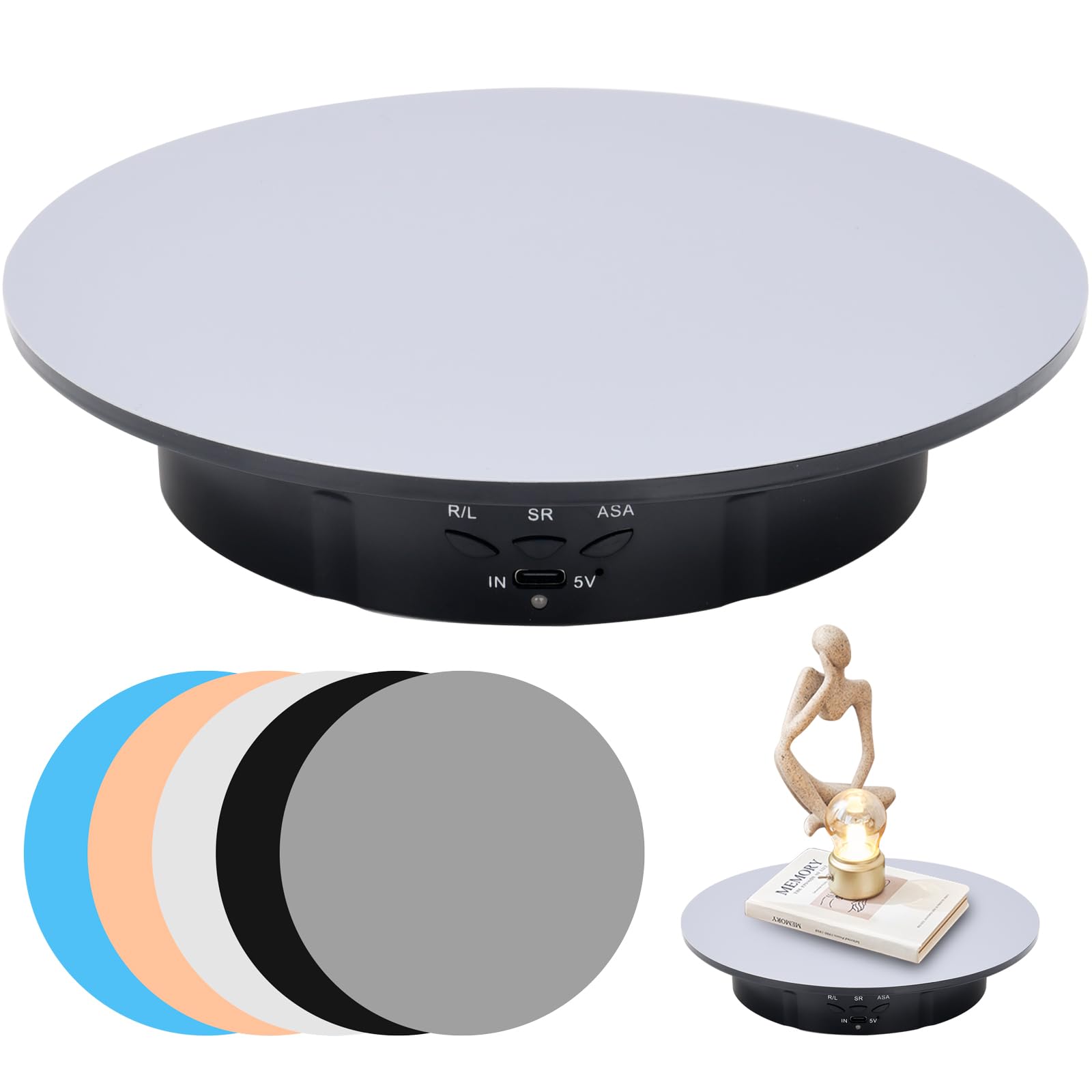 Plateau tournant électrique de 20 cm avec 5 fonds, plateau rotatif pour la photographie, rotation à 360°, capacité de charge de 8 kg, idéal pour les accessoires de tournage vidéo et les bijoux