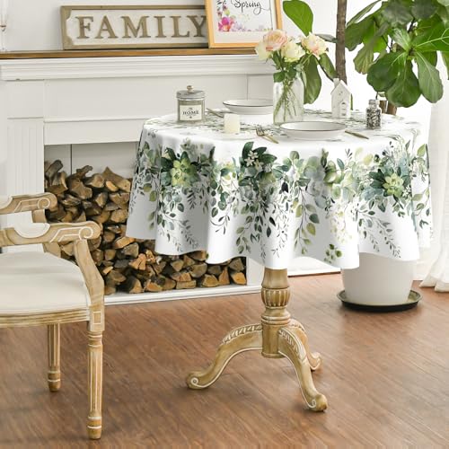 Image of Horaldaily Spring Tablecloth 70 x 70 Inch Round Green Eucalyptus Seasonal | Washable Table Cover for Party Picnic Dinner Decor