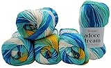 5 x 100 Gramm YarnArt Adore dream antipilling Strickgarn, Wolle mehrfarbig, 500 Gramm Farbverlauf Strickwolle (blau türkis ocker weiss 1059)