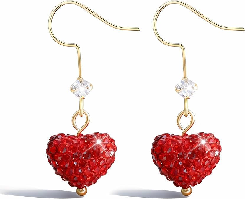 Aretes de corazón rojo, regalos para el día de San Valentín para ella, aretes de corazón de amor con diamantes de imitación, aretes colgantes de San