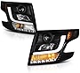 [For 2015-2020 Chevy Tahoe Suburban Halogen Model] OLED Neon Tube Black Projector Headlight Headlamp Assembly, Driver & Passenger Side