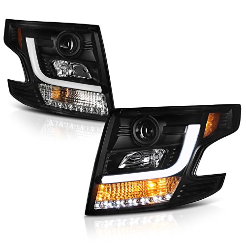 [For 2015-2020 Chevy Tahoe Suburban Halogen Model] OLED Neon Tube Black Projector Headlight Headlamp Assembly, Driver & Passenger Side