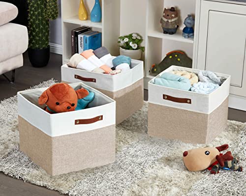 Image of DECOMOMO Cubby Storage Bins | 13x15x13inch Fabric Storage Cubes for Kallax Shelves Cloth Nursery Decorative with Handles (Beige and White, 13x15x13- 3P)