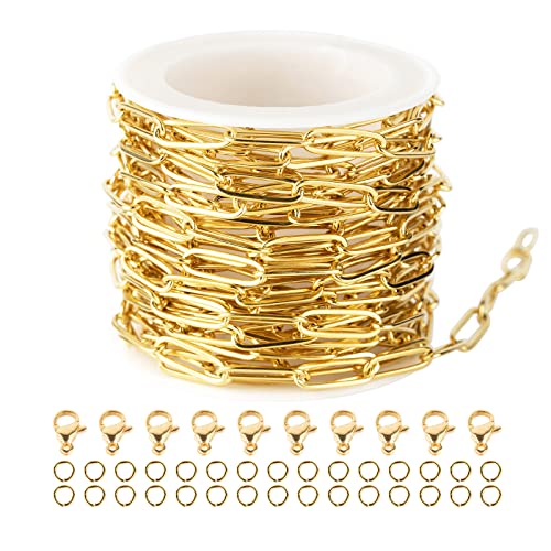 YOUBEIYEE 16.4 Feet Gold Stainless Steel Paperclip Chains for Jewelry Making Necklaces Bracelet Anklet Oval Soldered Link Chain Bulk with Jump Rings Lobster Clasps 14mm×4.5mm