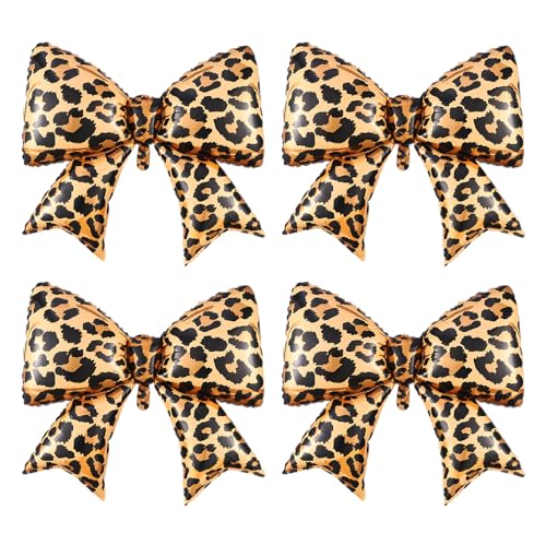 4Pcs Cheetah Print Bow Foil Balloons Large Leopard Pattern Bow Shape Balloon for Wedding Birthday Bridal Shower Bachelorette Kiss the Miss Goodbye Jungle Animal Party Supplies (4Pcs Bow)