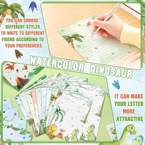 Image of TaoBary 160 Pcs Watercolor Dinosaur Stationery Paper and Envelopes Set 50 Double Sided Lined Stationery Paper & 50 Matching Envelopes and 60 Round Dot Sticker 5.5 x 8.25'' Letter Writing Kit, 10design