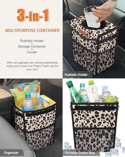 Image of Pritent Car Trash Can with Lid, Cute Leakproof Car Trash Garbage Bag Hanging Vehicle Trash Bin Small Portable Automotive Garbage Cans Organizer for Back /Front Seat(Trapezoid,Leopard
