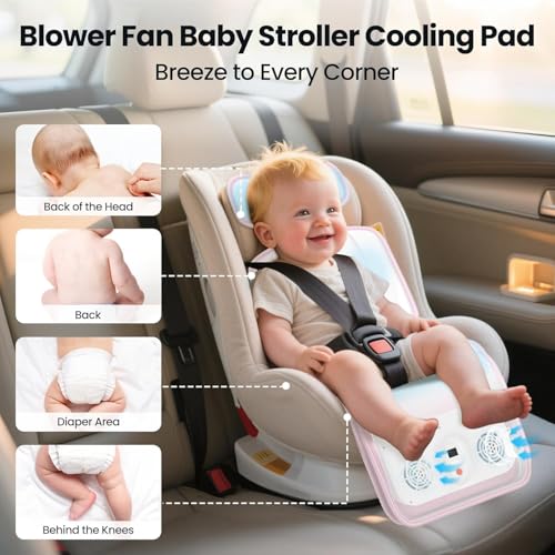 Image of Baby Stroller Cooling Pad, Up to 10H Cooling, 10000 mAh Rechargeable Car Seat Liner with 2 Built-in Blower, 3 Speed, Summer Essentials for Baby Girl Boy, Cooling Cushion for Toddler Outdoors, Pink
