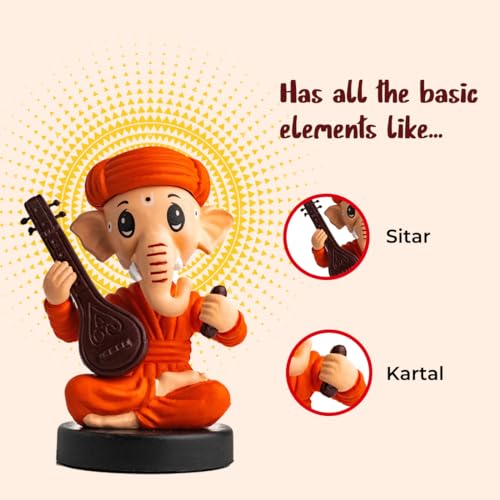 Image of Ganesh Idol for Car Dashboard Bobblehead, Home Decor Items for Living Room, Office Desk, Ganpati Murti for Gifting, God Statue for Good Luck, Superhero Action Figure, Sitar and Kartal, Orange